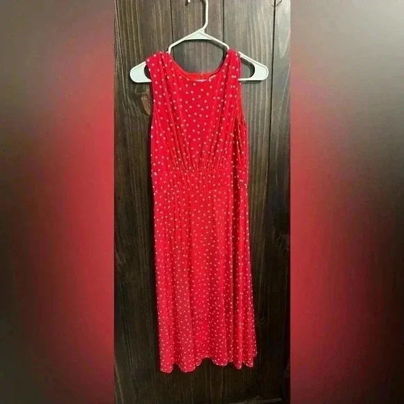 LONDON TIMES Sleeveless Flare Midi Dress Red with White Polkadots-Size: US 8 - Picture 3 of 10